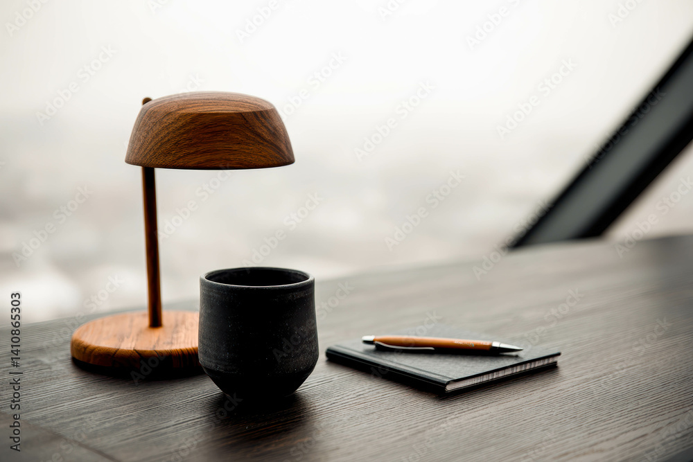 Poster stylish desk setup with coffee mug, notebook, and lamp by panoramic city view
