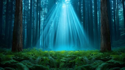 Obraz premium Dreamlike Landscape with Towering Trees and Radiant Beams of Light