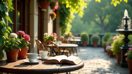 A table with a cup of coffee and a book on it