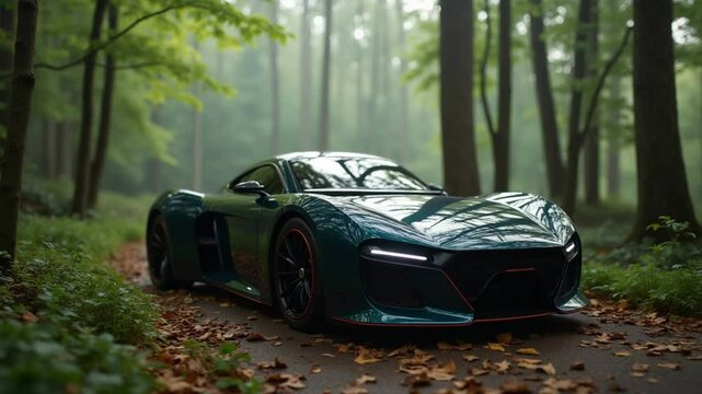 Emerald Green Sports Car on Misty Forest Road