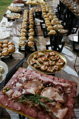 Social event banquet. Finger food. View of the catering self service cold table with a beautiful setting, decoration and plates arrangement