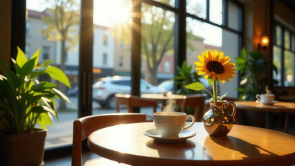 A cup of coffee on a table in front of a window