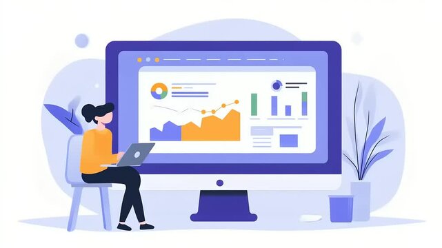 Analyst on chair, charts and graphs, laptop screen