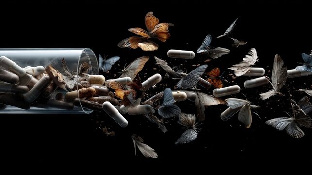 Breaking free hyperrealistic pill and butterfly scene studio vertical photograph dark environment close-up transformation