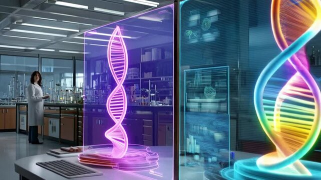 DNA data storage concepts visualized through split-screen of real DNA lab and digital 3D visualization interface, DNA data storage concepts in lab and screen, hybrid DNA data storage concepts.