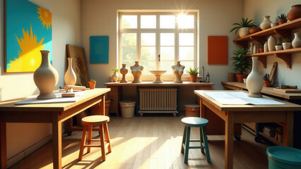 A room with a desk, shelves, and a painting on the wall