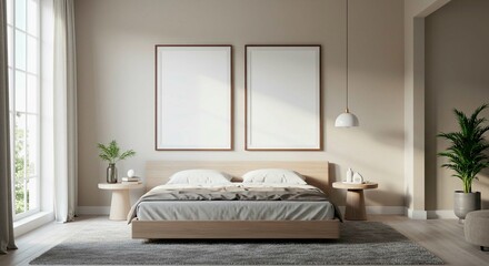 A bedroom with two blank frames above the bed and a plant in the corner of the room near a window