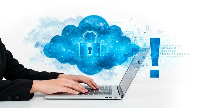 Woman typing on laptop with cloud security and exclamation mark on white background illustration - Powered by Adobe