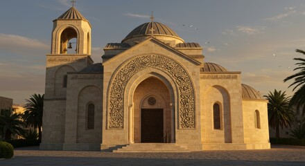 Realistic architectural photograph of a Christian church in the Middle East