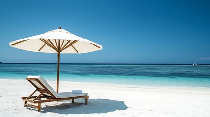 A white beach umbrella and a comfortable outdoor lounge chair, positioned on soft sand under the clear blue sky, offering a peaceful retreat.