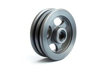 Caster wheel isolated on a pure white background, showcasing its industrial design with precise focus on the metal construction and smooth rolling functionality.