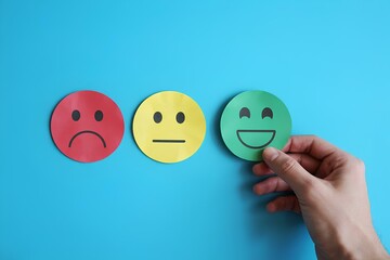 Hand choosing happy smile face paper cut, good feedback rating and positive customer review 3D, mental health assessment, child wellness,world mental health day, think positive, compliment day concept