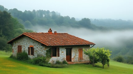 Obraz premium Charming Cottage Nestled in a Foggy Lush Green Landscape with Rolling Hills and Dense Forests