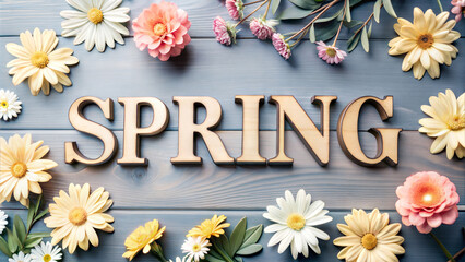 Elegant Spring Flowers Arrangement With Wooden Word On Blue Background