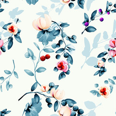 Seamless floral background pattern. Abstract flowers with cranberry and leaves. Blue white version. Pattern for textile, fabric and other prints purpose. Hand drawn artwork, vector wallpaper.