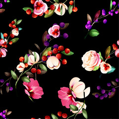 Seamless floral background pattern. Abstract flowers with cranberry and leaves on black. Pattern for textile, fabric and other prints purpose. Hand drawn artwork, vector wallpaper.