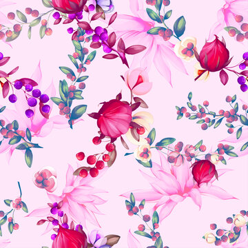 Stylized seamless floral pattern. Flowers with cranberry and leaves on light  background. Artwork for textile, fabric and other prints purpose. Hand drawn, vector wallpaper.