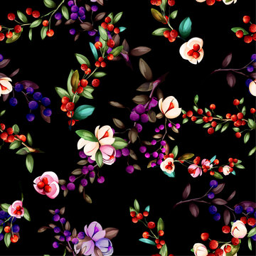Seamless floral background pattern. Flowers with cranberry and leaves on black. Artwork for textile, fabric and other prints purpose. Hand drawn, vector wallpaper.