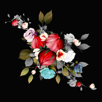 Bouquet of flowers. Illustration with peony, cranberry with leaves around. For fabric, textile and other prints and purposes. Abstract, isolated on black. Hand drawn. Vector - stock. 