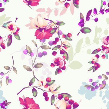Seamless floral background pattern. Abstract flowers with cranberry and leaves on white. Pattern for textile, fabric and other prints purpose. Hand drawn artwork, vector wallpaper.