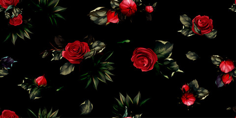 Wide vintage seamless background pattern. Beauty roses with tropical leaves on black. Abstract, hand drawn, vector - stock.