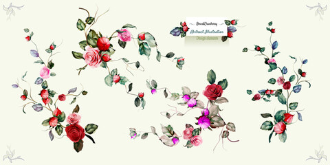 Floral design. Illustration of branches with roses and cranberry on white. Abstract artworks for fabric, textile and other prints. Abstract, watercolor. Hand drawn. Vector - stock.