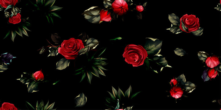 Wide vintage seamless background pattern. Beauty roses with tropical leaves on black. Abstract, hand drawn, vector - stock.
