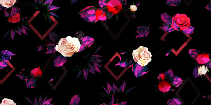 Wide vintage seamless background pattern. Beauty roses with leaf on dark with  figures behind. Abstract, hand drawn, vector - stock.