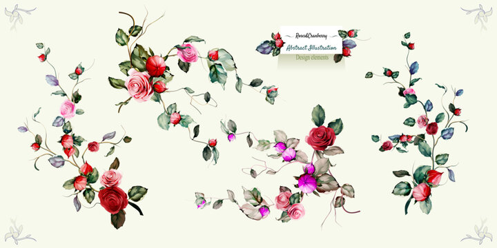 Floral design. Illustration of branches with roses and cranberry on white. Abstract artworks for fabric, textile and other prints. Abstract, watercolor. Hand drawn. Vector - stock.