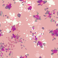 Artwork seamless floral background pattern. Roses, cranberry with leaf on pastel. Pattern for textile, fabric and other prints purpose. Hand drawn illustration, vector wallpaper.