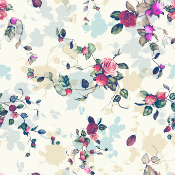 Seamless floral background pattern. Abstract flowers, roses, cranberry, branches with leaves on white. Pattern for textile, fabric and other prints purpose. Hand drawn artwork, vector wallpaper.