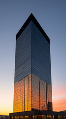 Golden Hour Skyscraper: A modern skyscraper stands tall against a vibrant twilight sky, its glass facade reflecting the golden hues of the setting sun.