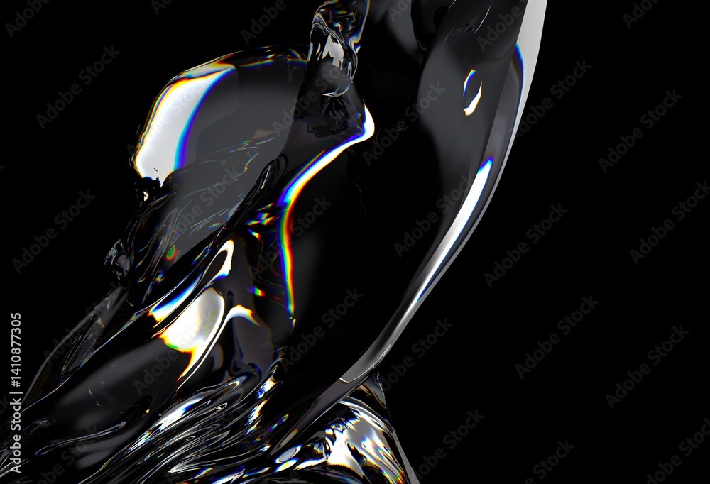 Fototapete 3d illustration features a distorted, glass-like or chrome human face merging with fluid-like waves,