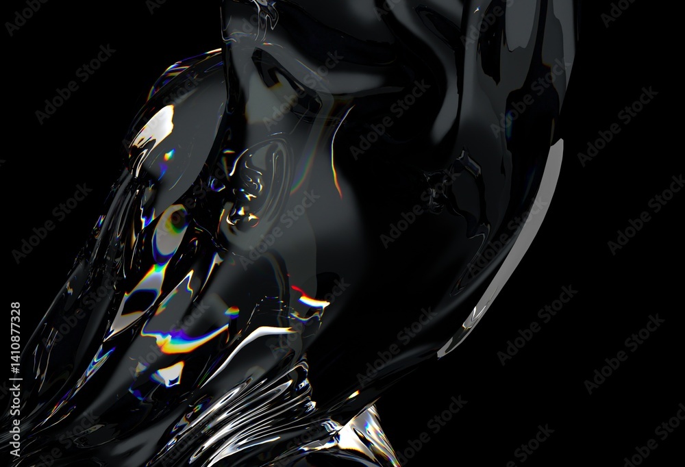 Fototapete 3d illustration features a distorted, glass-like or chrome human face merging with fluid-like waves,