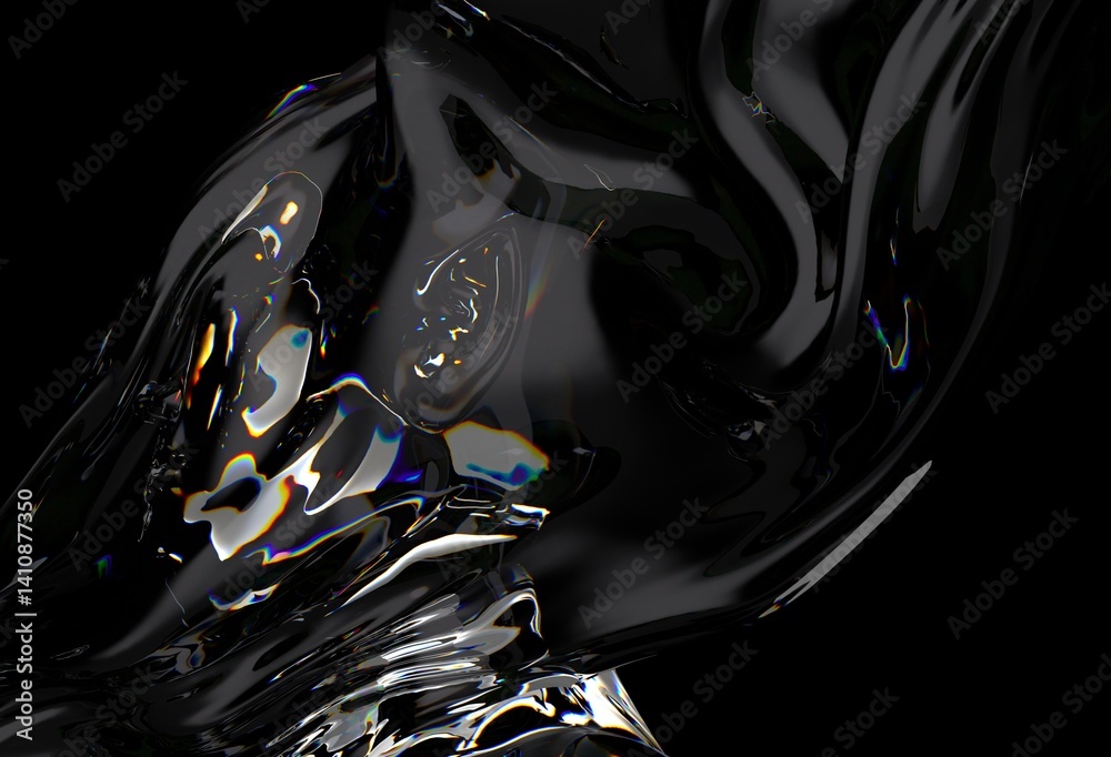 Fototapete 3d illustration features a distorted, glass-like or chrome human face merging with fluid-like waves,