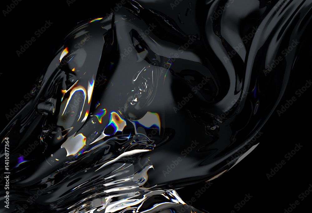 Fototapete 3D illustration features a distorted, glass-like or chrome human face merging with fluid-like waves, creating a dynamic and abstract visual in a reflective style.