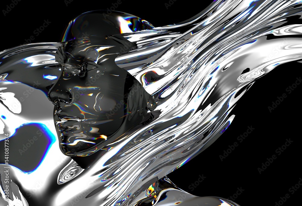 Fototapete 3D illustration features a distorted, glass-like or chrome human face merging with fluid-like waves, creating a dynamic and abstract visual in a reflective style.