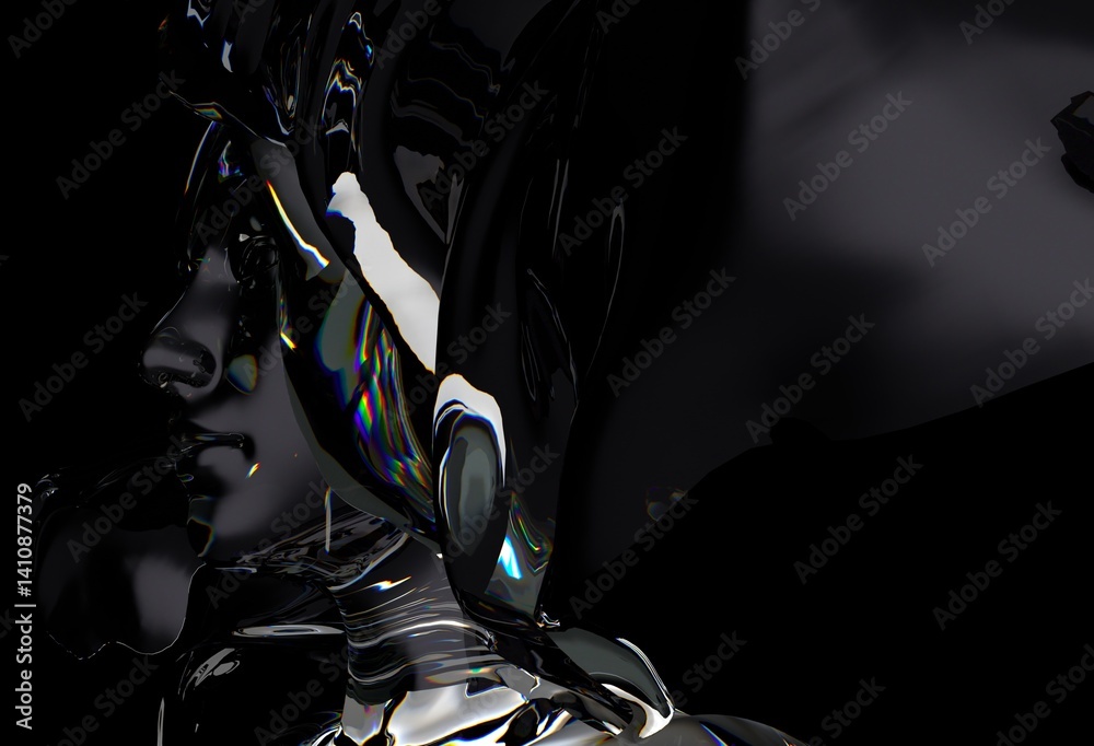 Fototapete 3d illustration features a distorted, glass-like or chrome human face merging with fluid-like waves,