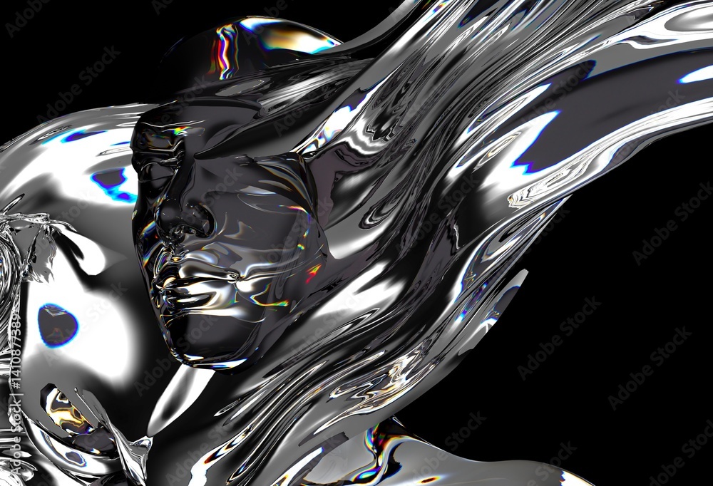 Fototapete 3d illustration features a distorted, glass-like or chrome human face merging with fluid-like waves,