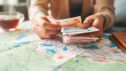 Fototapeta premium Woman hand counting her money on travel background