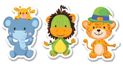 Fototapeta premium design cute animal sticker wear suite with line color style more action in white background isolated on white,clip art ,remain space between border each corner and rainbow and toy and hat and heart 