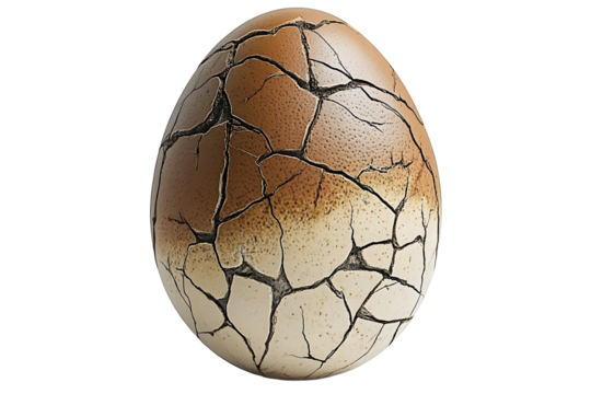Large cracked dinosaur chicken egg with textured surface and detailed fractures, isolated on white transparent background. Concept of prehistoric life and hatching