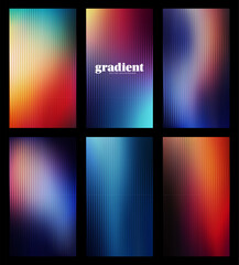 Ripple glass distortion background set. Collection Vertical Abstract fractal effect ribbed glass texture with vibrant gradients. Reeded Bold dynamic design blending futuristic tones vector bg.