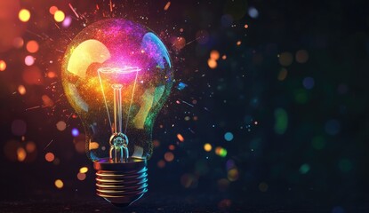 A vibrant lightbulb explodes with colorful energy and sparks, symbolizing creativity and innovation