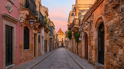 Obraz premium Charming Narrow Street At Sunrise In Colorful European Town