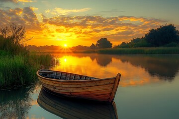 Wooden Rowboat at Sunrise on Calm River
