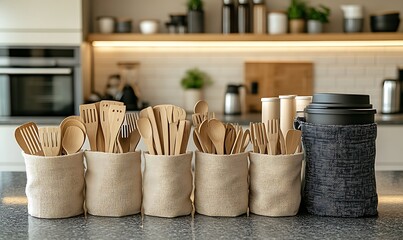 Fototapeta premium Wooden Utensils in Beige Canvas Bags on Modern Kitchen Counter