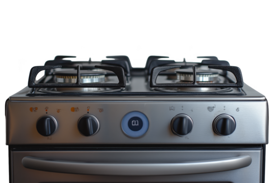 Silver Four Burner Gas Stove with Oven on Transparent Background