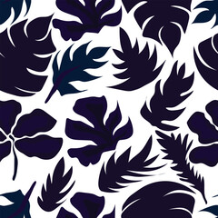 blue dark colored layered monstera and tropical leaves on white background seamless pattern.
