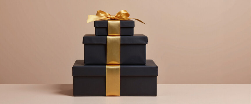 Stylish stacked gift boxes with gold ribbon on neutral background  